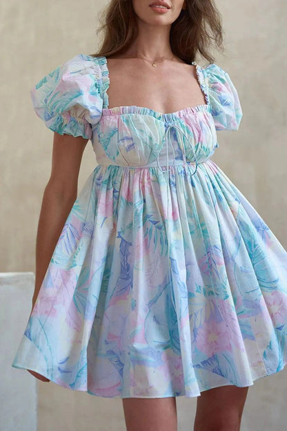 Square Collar Puff Sleeve Mini Dress