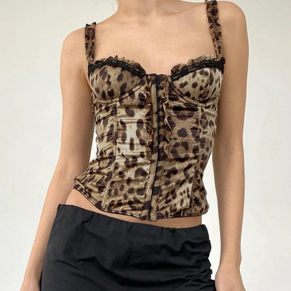 Y2K Leopard Print Square Collar Tank Top Lace Patchwork Lettuce Trim Hook Crop Tops Vintage Lady Fashion Streetwear