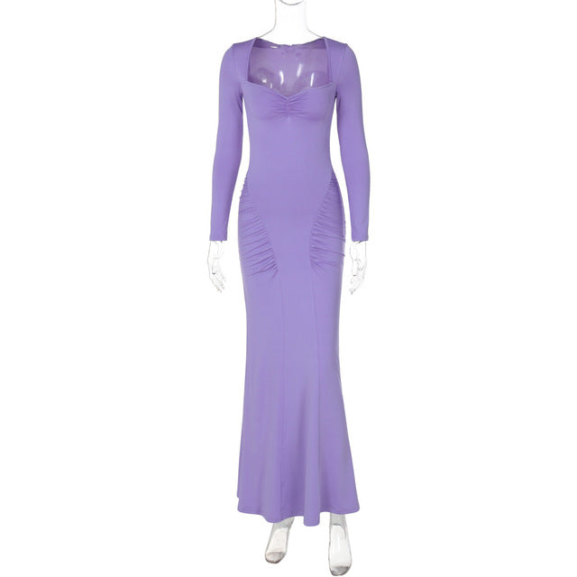 Square Collar Long Sleeve Sexy Long Dress For Women Gown Fashion Elegant Autumn Solid Bodycon Maxi Dress Clubwear