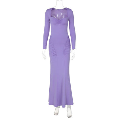 Square Collar Long Sleeve Sexy Long Dress For Women Gown Fashion Elegant Autumn Solid Bodycon Maxi Dress Clubwear