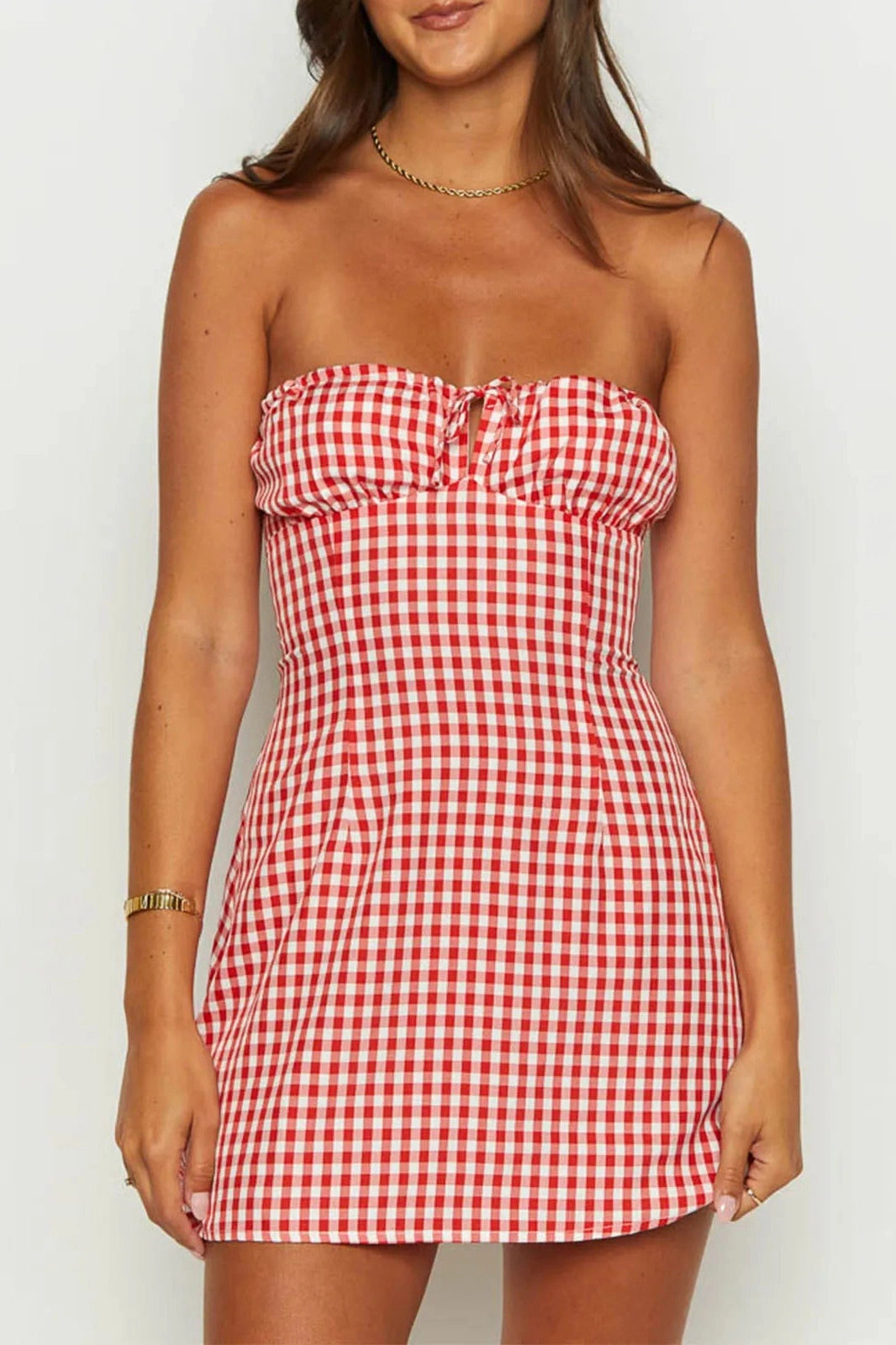Plaid Slim Fit Mini Dress with Strapless Backless Tie-Up