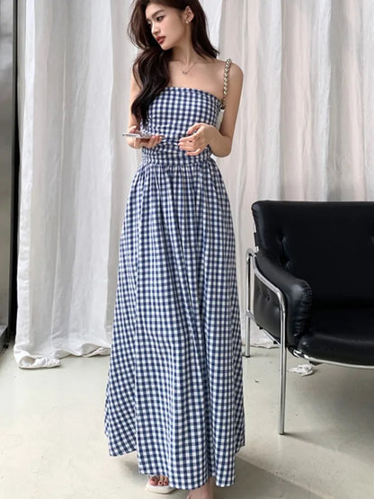 Casual Strapless Midi Dresses for Women Striped Sleeveless A-line Korean Chic Summer New  Party Dress Vestidos Mujer
