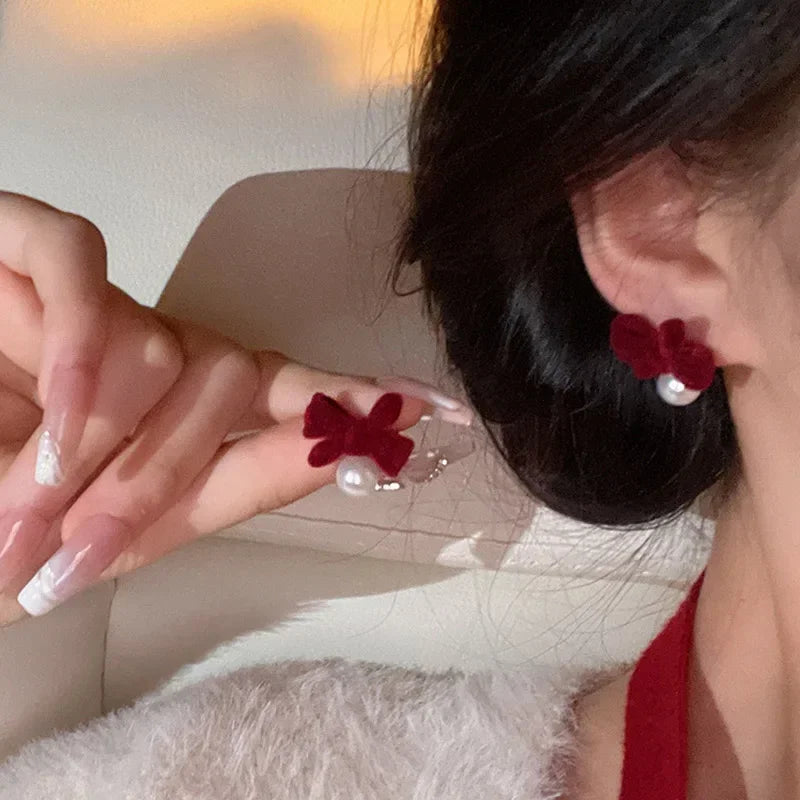 LIZAKOSHT Winter Pearl Bowknot Stud Earrings for Women Happy New Year Gift Jewelry