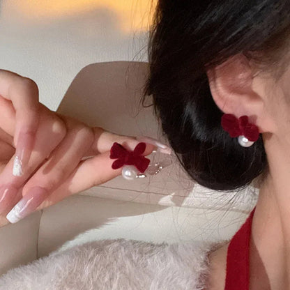 LIZAKOSHT Winter Pearl Bowknot Stud Earrings for Women Happy New Year Gift Jewelry