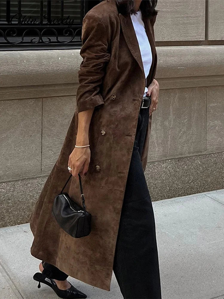 Fashion Lapel Suede Long Jacket Women Elegant Oversized Double-breasted Trench Overcoat  Autumn Lady Commute Outerwear New