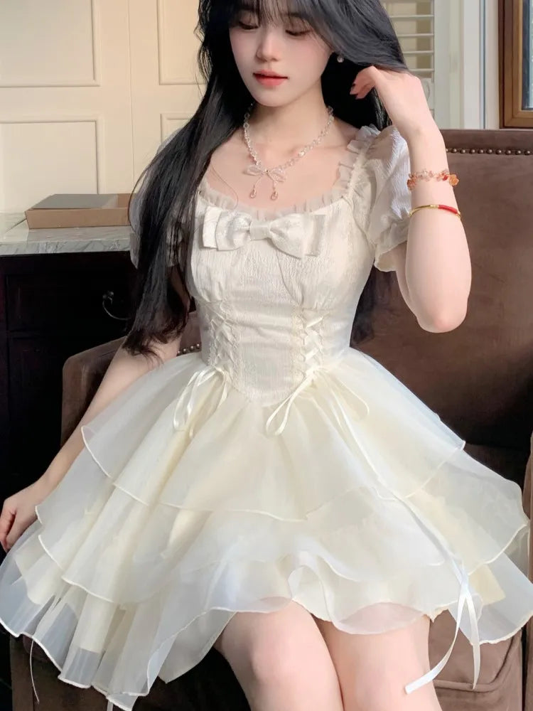 Elegant Mesh Layered Ruffles A-line Short Dresses for Women Square Collar Princess Birthday Party Dress Gown One Piece Vestido