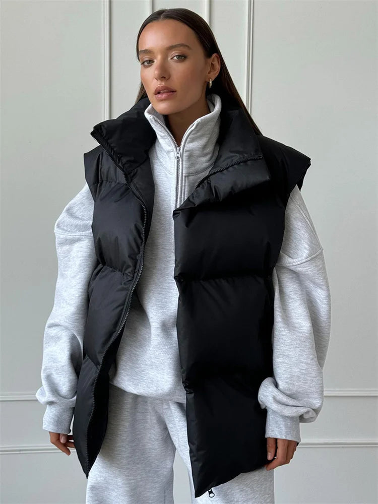 Casual Loose Sleeveless Jackets Parkas Female Winter  New Streetwear Outwear For Women Lapel Tank Top Patchwork Coat