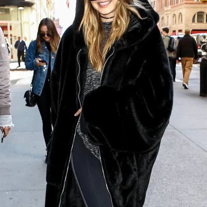 Winter Fashion Runaway Luxury Brand Long Faux Fur Coat Women Jacket Zip Hooded Thick Warm Fake Rabbit Fur Plush Overcoats