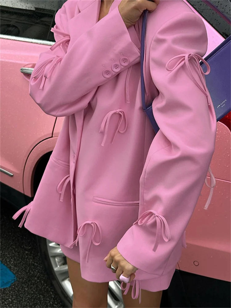 Fashion Luxury Suit Outwear For Women Lace-Up Patchwork Pocket Loose Long Sleeve Cardigan Streetwear Female Solid Coat New
