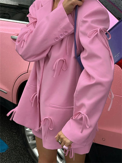 Fashion Luxury Suit Outwear For Women Lace-Up Patchwork Pocket Loose Long Sleeve Cardigan Streetwear Female Solid Coat New