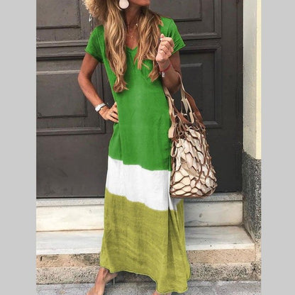 Casual Loose Contrasting Colors Long Dresses Women Fashion Summer V-neck Short Sleeves Maxi Dress Female Commuting Vestidos New