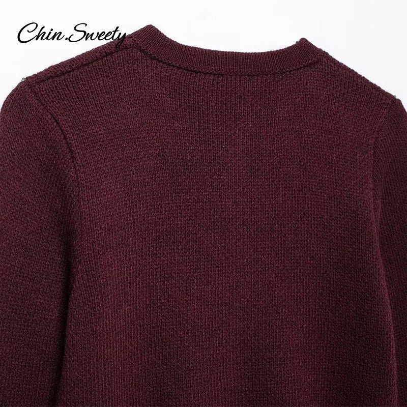 Autumn Knit Burgundy Women’s Cardigans O-neck Single-breasted Long Sleeve Pocket Top  Autumn Winter Lady All-match Knitwear