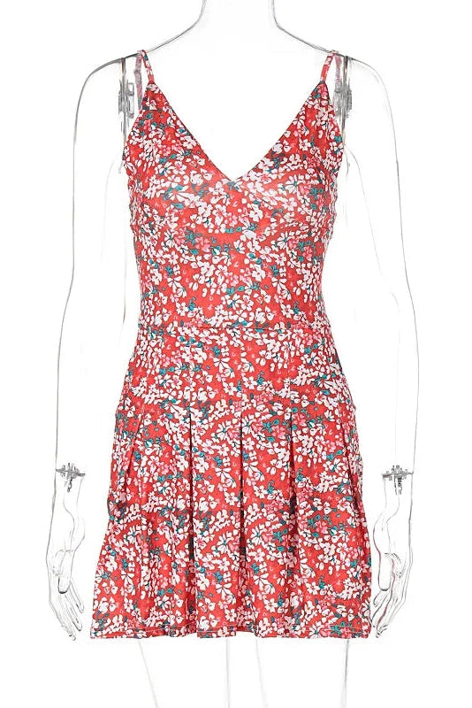 Spaghetti Strap V-Neck Backless Pleated Mini Dress
