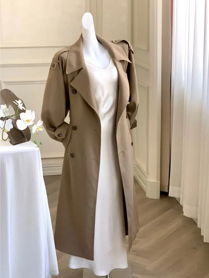 Autumn British Style Long Trench Women Lapel Double Breasted Coat with Belt Korean Fashion Windbreaker Outerwear Casual Jackets