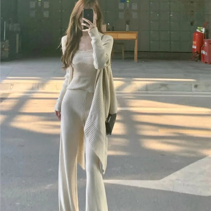 Autumn Winter Solid Knitted 3-piece Set Women Tank Top Long Pants Cardigan Sweater Pullover Korean Fashion Casual Outfits New