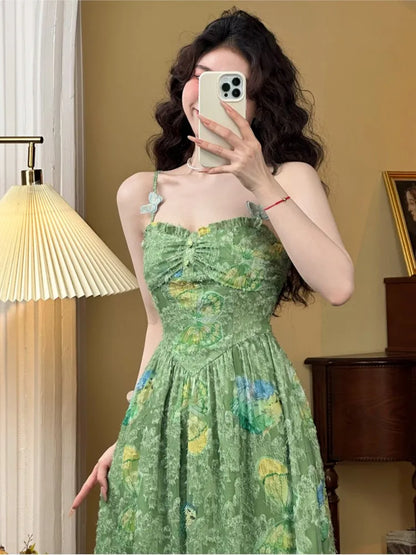 Summer New Floral Printed Spaghetti Strap Midi Dleevees for Women High Waist Holiday Style Korean Fashion One Piece Vestido
