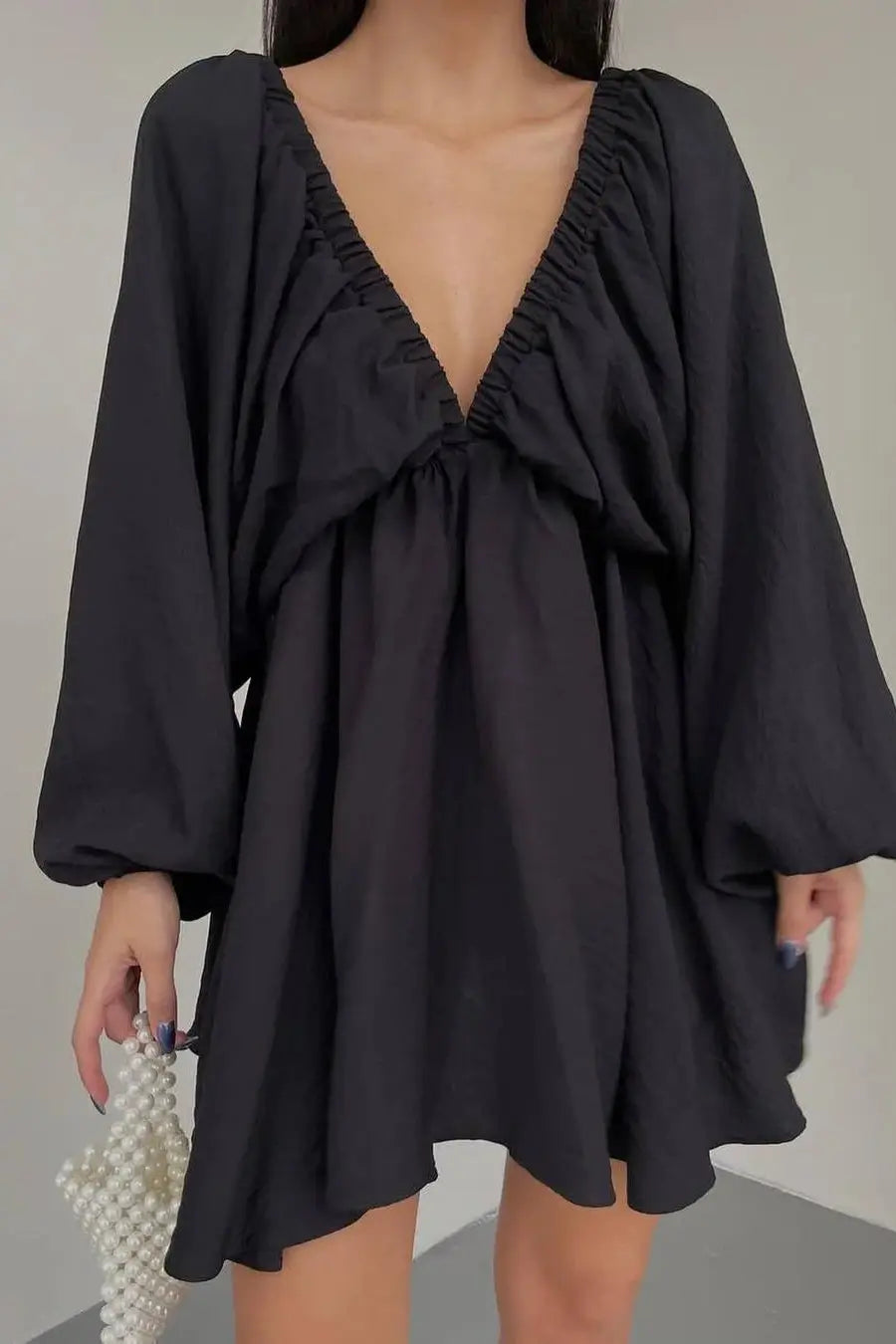 V-Neck Long-Sleeved Mini Dress