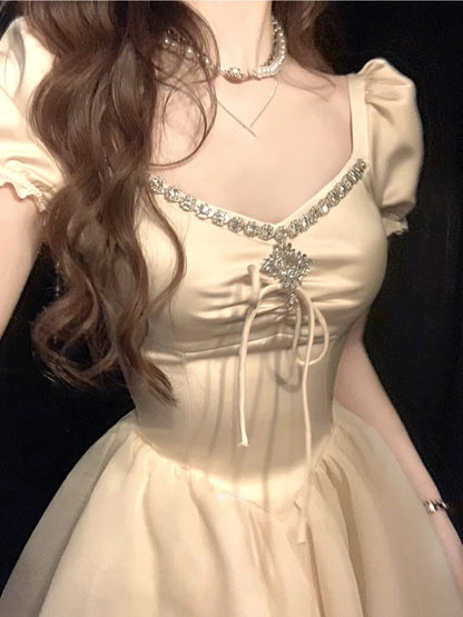 Elegant Vintage Princess Birthday Party Mini Dresses for Women Diamons Ball Gown A-line Korean Luxury One Piece Vestido Mujer