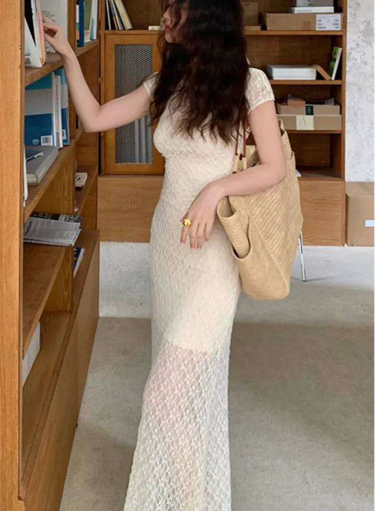 Elegant Mesh Two Piece Dress Set Slim Midi Dresses for Women Frence Retro Lace Y2K Bodycon Birthday Party Dress Prom Vestidos