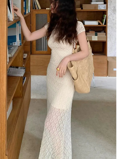 Elegant Mesh Two Piece Dress Set Slim Midi Dresses for Women Frence Retro Lace Y2K Bodycon Birthday Party Dress Prom Vestidos