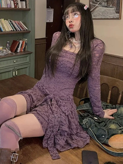 Lace Basic Causal Dress Square Collar Slim Waist Tunic  All Match Dresses Y2k Aesthetic Elegant Vestidos