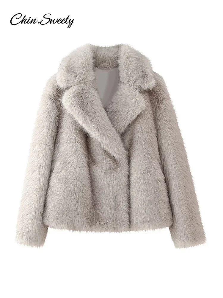 Fluffy Faux Fur Coat Women Elegant Loose Lapel Plush Long Sleeve Buckle Thick Jacket  Autumn Winter Solid Warm Overcoat New