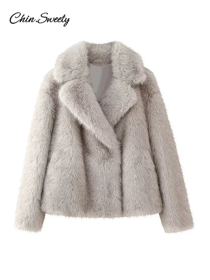Fluffy Faux Fur Coat Women Elegant Loose Lapel Plush Long Sleeve Buckle Thick Jacket  Autumn Winter Solid Warm Overcoat New