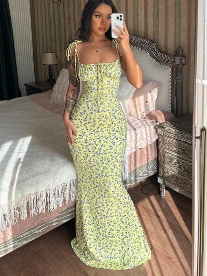 Sleeveless Lace Up Backless Floral Dress