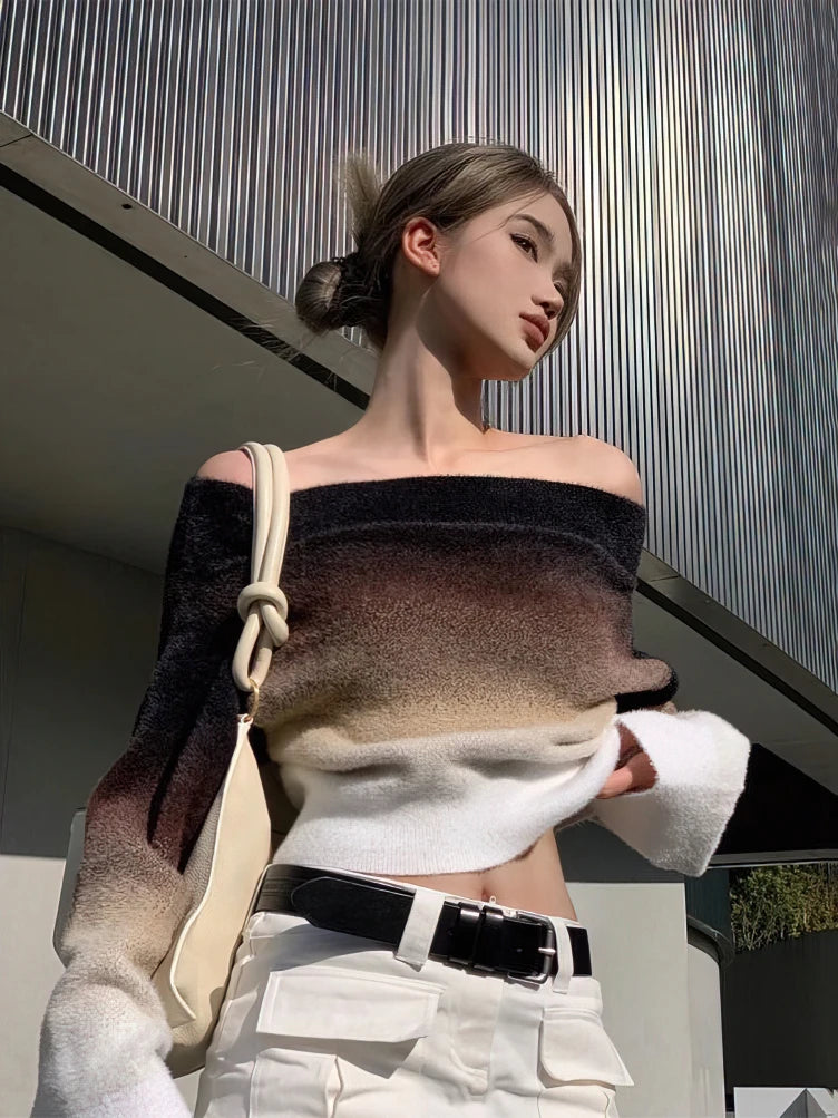 Gradient Fashion Off Shoulder Sweater Women Knitted Long sleeve Cropped Pullover Autumn Casual Female Chic Top Knitwear