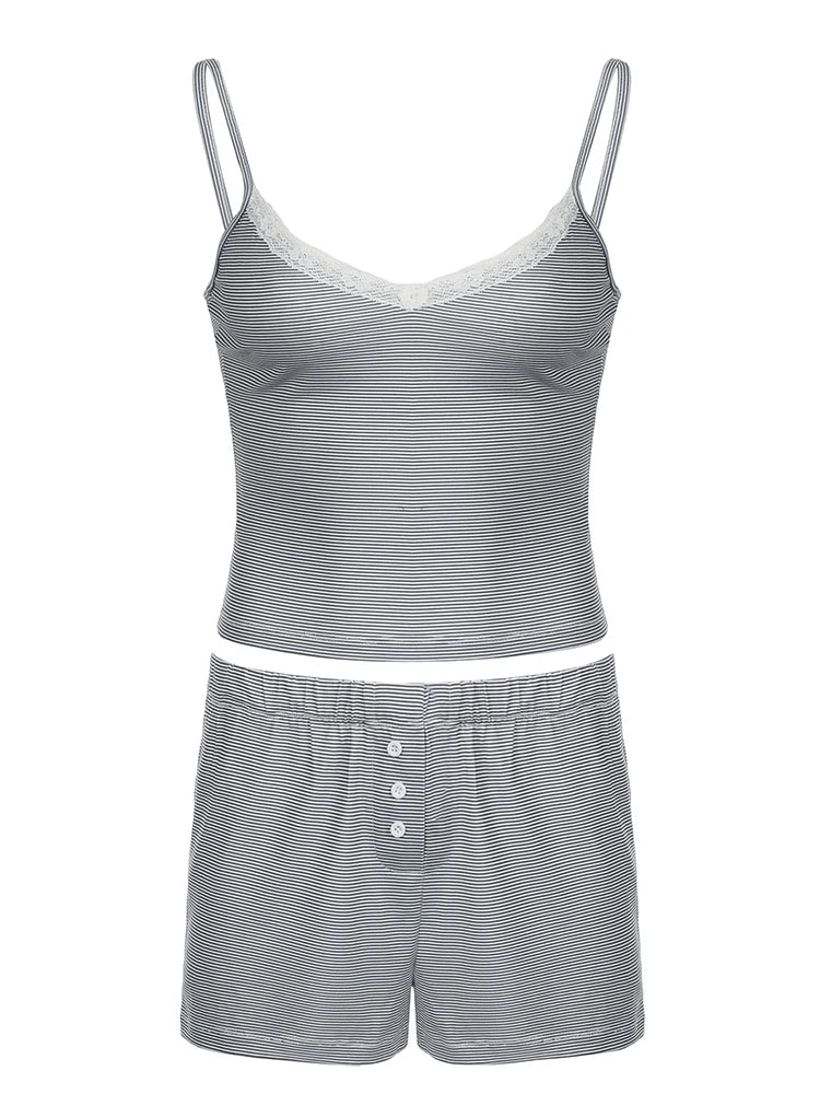 Contrast Lace Patchwork Slim Stripe Y2K 2 Pieces Shorts Sets Womens Cute Kawaii V Neck Camisole And Botton Shorts Set