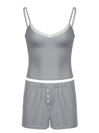 Contrast Lace Patchwork Slim Stripe Y2K 2 Pieces Shorts Sets Womens Cute Kawaii V Neck Camisole And Botton Shorts Set