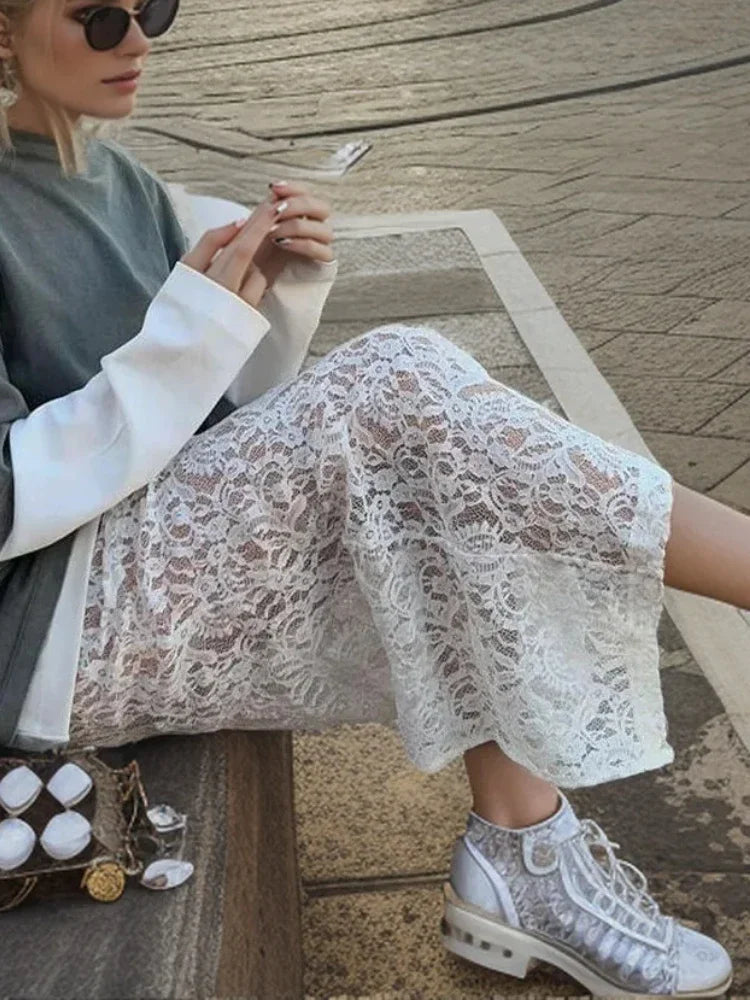 Fashion White Lace Skirts for Women Clothing New Summer Korean Gentle Hollow Jacquard Long Skirts Female Sexy Split Skirts 2024