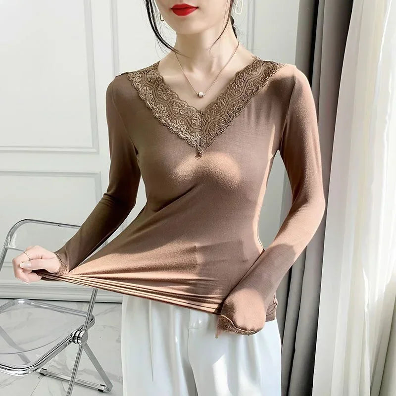 First Layer Winter Women’s Thermal Men Winter Clothes Thin Modal Lace Lingerie Women Thermal Shirt Clothing Top Woman