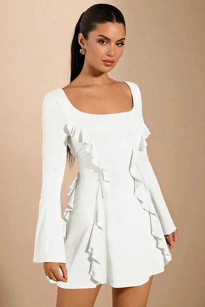 Lace-Up Backless Mini Dress with Patchwork and Flare Sleeves