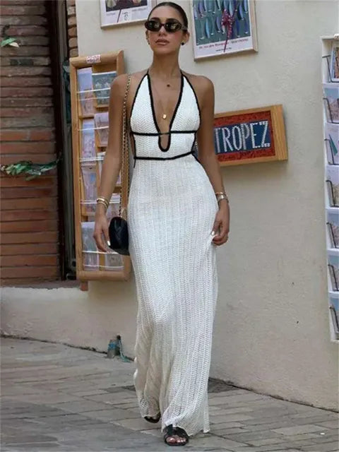 Knit V-Neck Backless Maxi Dress Women&#8217;s Slim Lace-Up Fashion Contrast Patchwork Bandage Knitwear Dress Female Long Dress