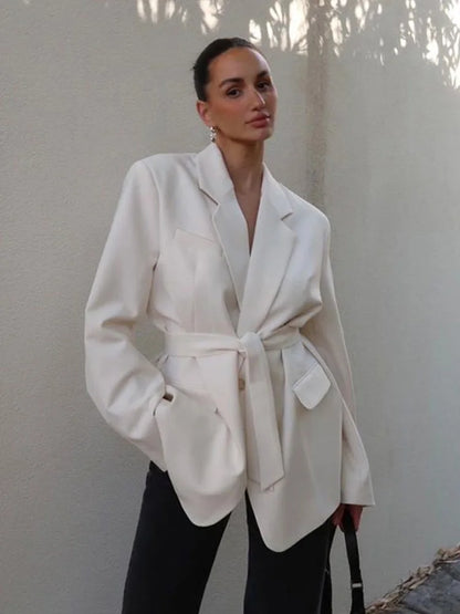 Women's Loose Waist Cinching Belt Full Sleeve Jacket Female Tailored Coat 2025 Chic Retro Elegant Lapel Suit Jackets Streetwear