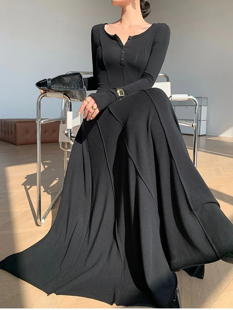 Casual Knitted Dresses for Women Long Sleeves Square Collar A-line Autumn Maxi Dress Korean Fashion Solid Vestidos Mujer New