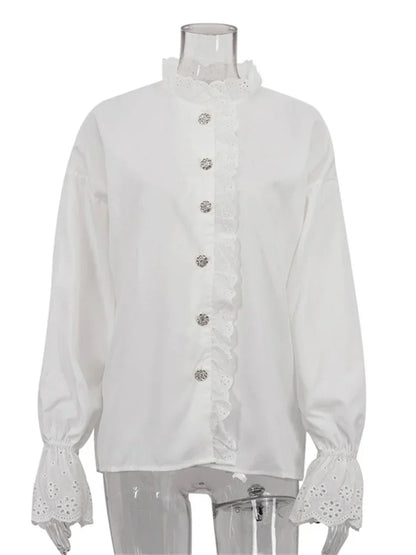 Female Glitter Ruffled Shirts Top Inner Patchwork Long Sleeve Casual Commute Clothes Hollow Out Elegant Women’s Blouses