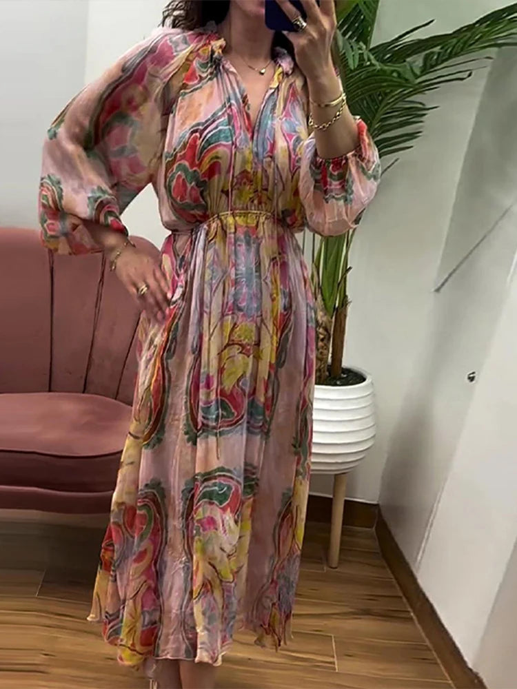 Retro Print Elegant Pleated Lantern Long Dress Sleeve V-neck Single Breasted Dress A-line Casual High Waist Women Summer Robe