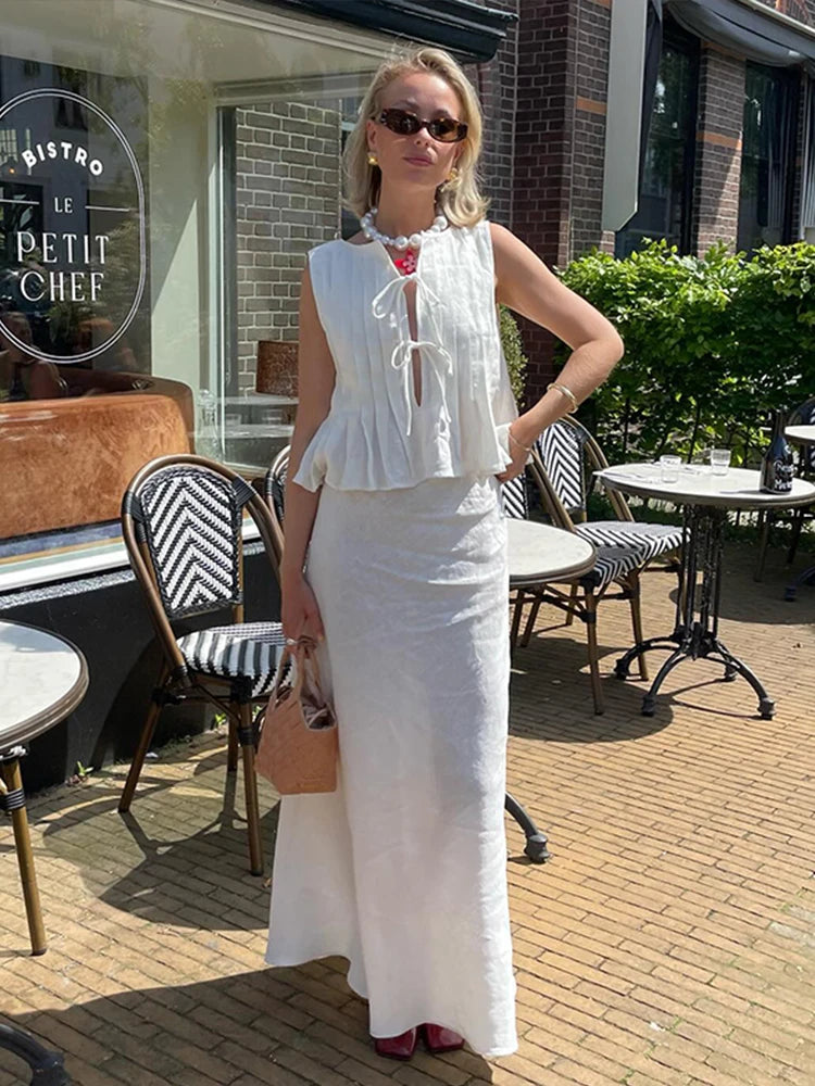 Elegant White Lace Up Tops For Women Pleated O-neck Sleeveless Ruffles Tank  Summer New Chic Lady Party Vacation Vest