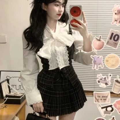 Autumn Korean Retro Sweet 3 Piece Set Women White Shirt + Strap Vest + Pleated Skirt Design College Style Fashion Y2k Suit