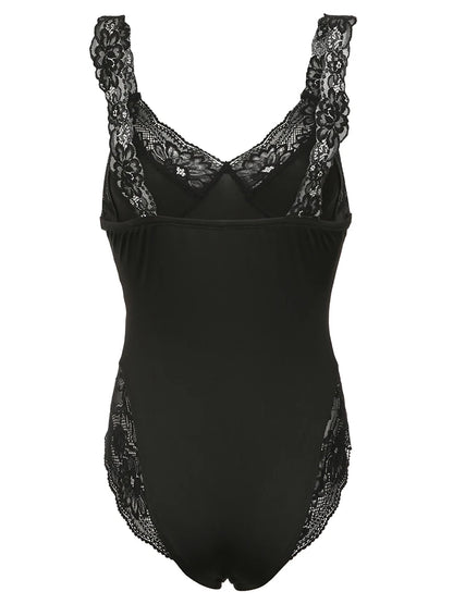 Black Backless Sleeveless V Neck Skinny Sexy Tank Bodysuit Women Lace Patchwork Elegant Rave Bodys Camisole