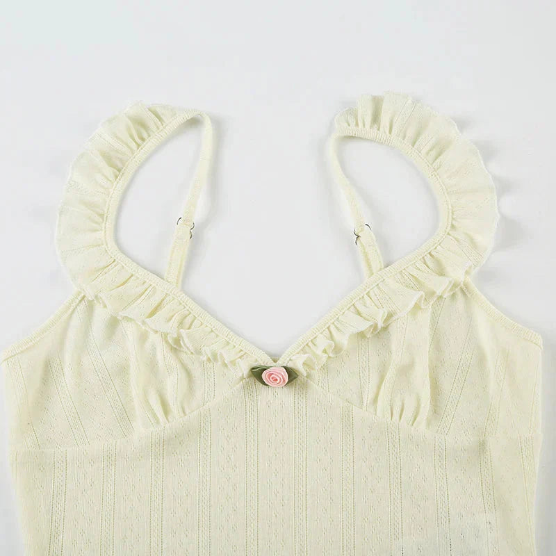 Cute Coquette Ruffles V-neck Crop Top Casual Hollow Out Holes Tees Y2k Aesthetic Vest Holiday Clothing