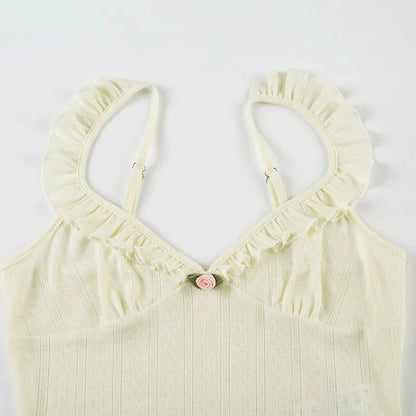 Cute Coquette Ruffles V-neck Crop Top Casual Hollow Out Holes Tees Y2k Aesthetic Vest Holiday Clothing