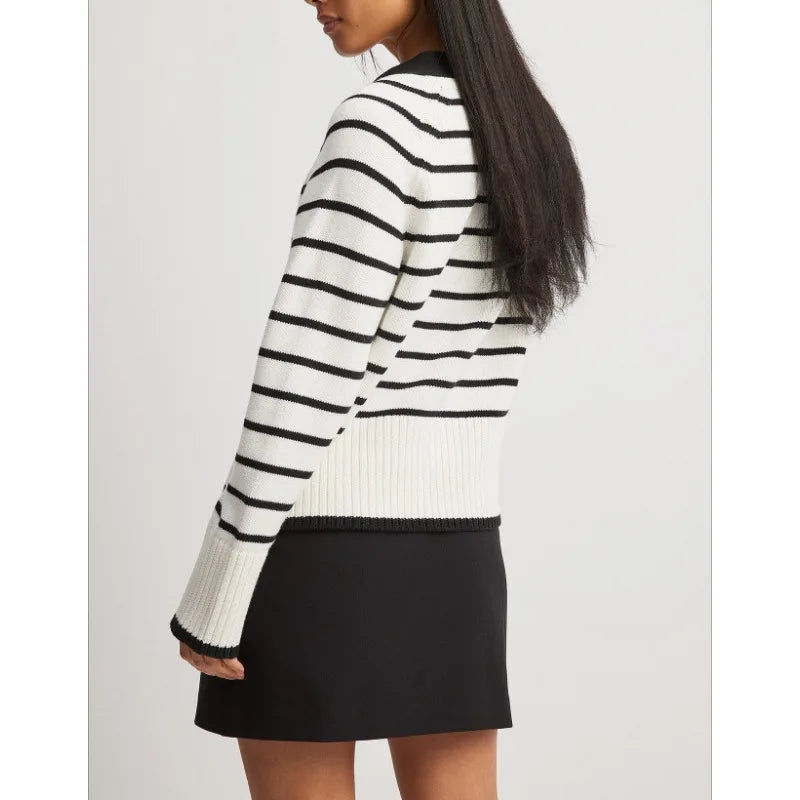 European and American autumn and winter new fashion versatile V-neck striped knitted cardigan sweater women's striped jacket