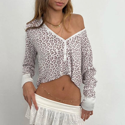 Stylish Women Leopard Print T-shirt Y2K Street Outfits Ribbed Long Sleeve Button Up Fitted Cropped Top Casual Retro