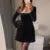 Elegant Rhinestone Decor Velvet Mini Dress Black Square Neck Long Sleeve High Waist A-line Dresses  Lady Evening Party Gown
