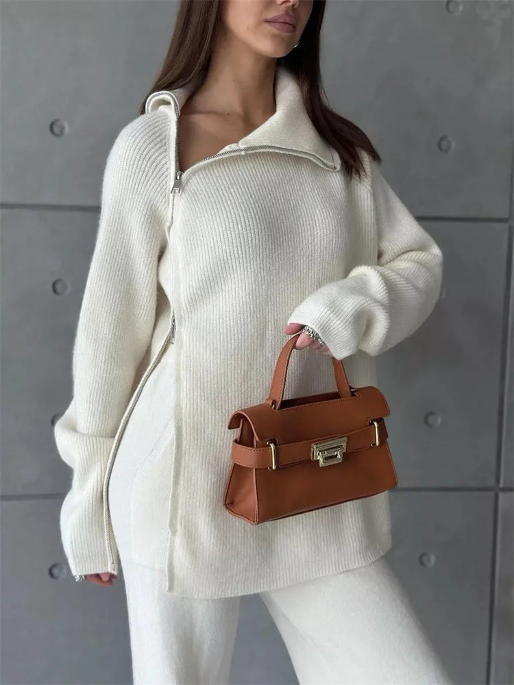 Knit Zipper Women&#8217;s Pants Sets For Women Slim Lapel Long Sleeve Pullover And Patchwork Straight Legg 2 Piece-Set Winter