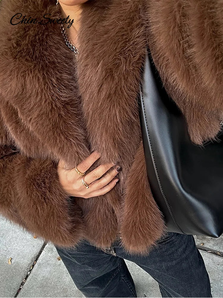 Brown Lapel Faux Fur Short Coat Women Fluffy Long Sleeve Warm Thick Loose Jacket  Autumn Winter Lady High Street Outwear _