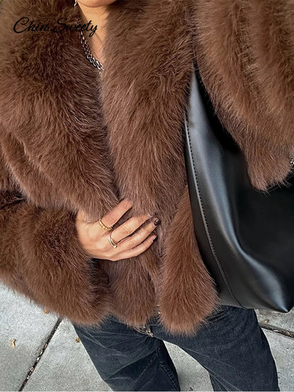 Brown Lapel Faux Fur Short Coat Women Fluffy Long Sleeve Warm Thick Loose Jacket  Autumn Winter Lady High Street Outwear _